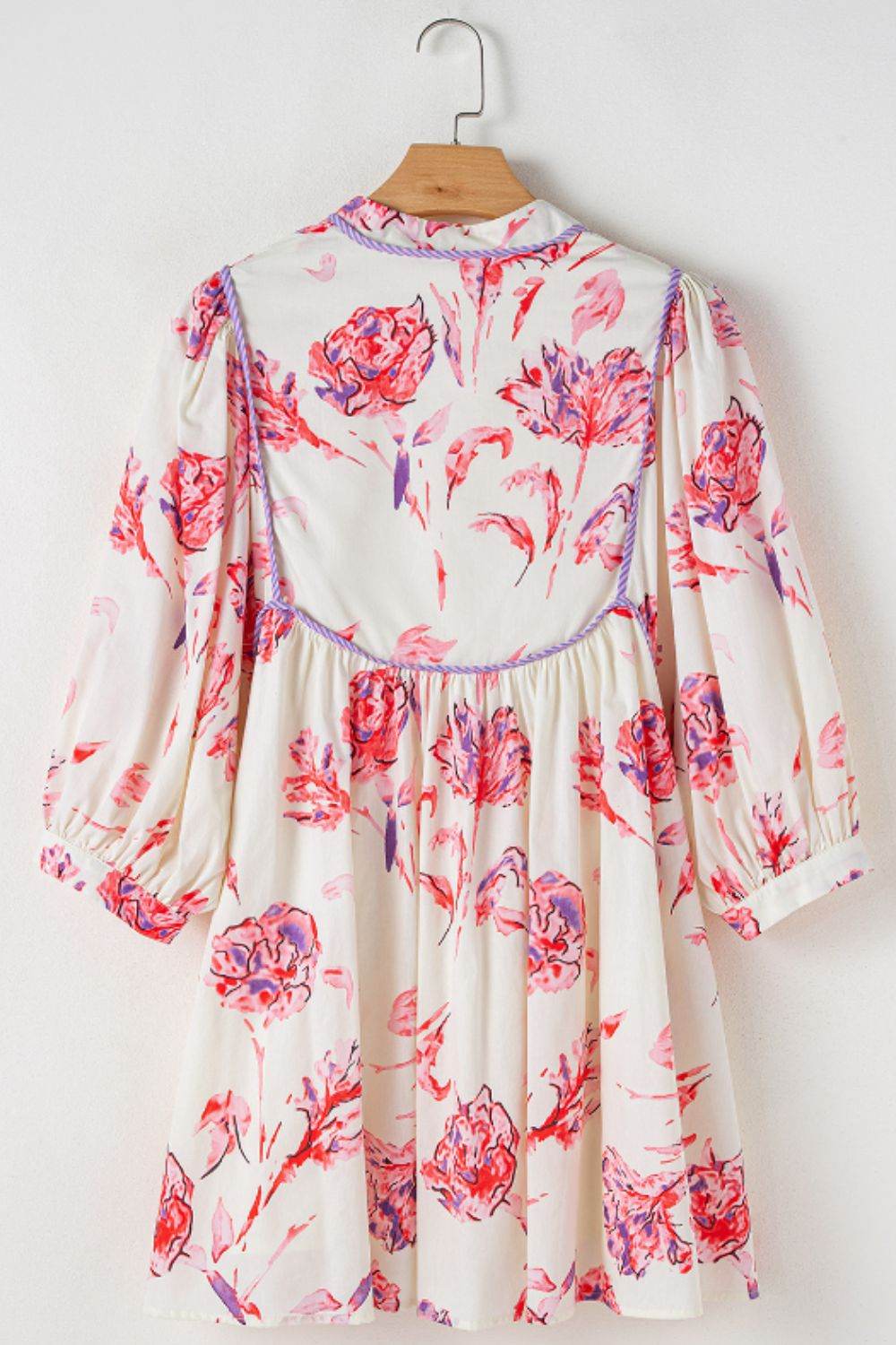 Tied Flower Printed Three-Quarter Sleeve Dress - Delanoir