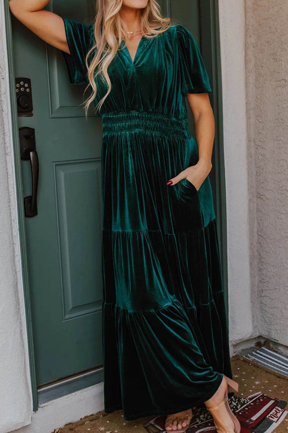 Tiered Notched Short Sleeve Dress with Pockets - Delanoir