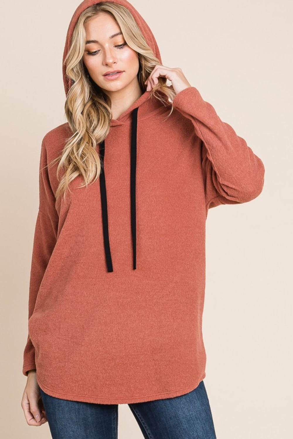 BOMBOM Contrast Drawstring Drop Shoulder Knit Hoodie - Delanoir
