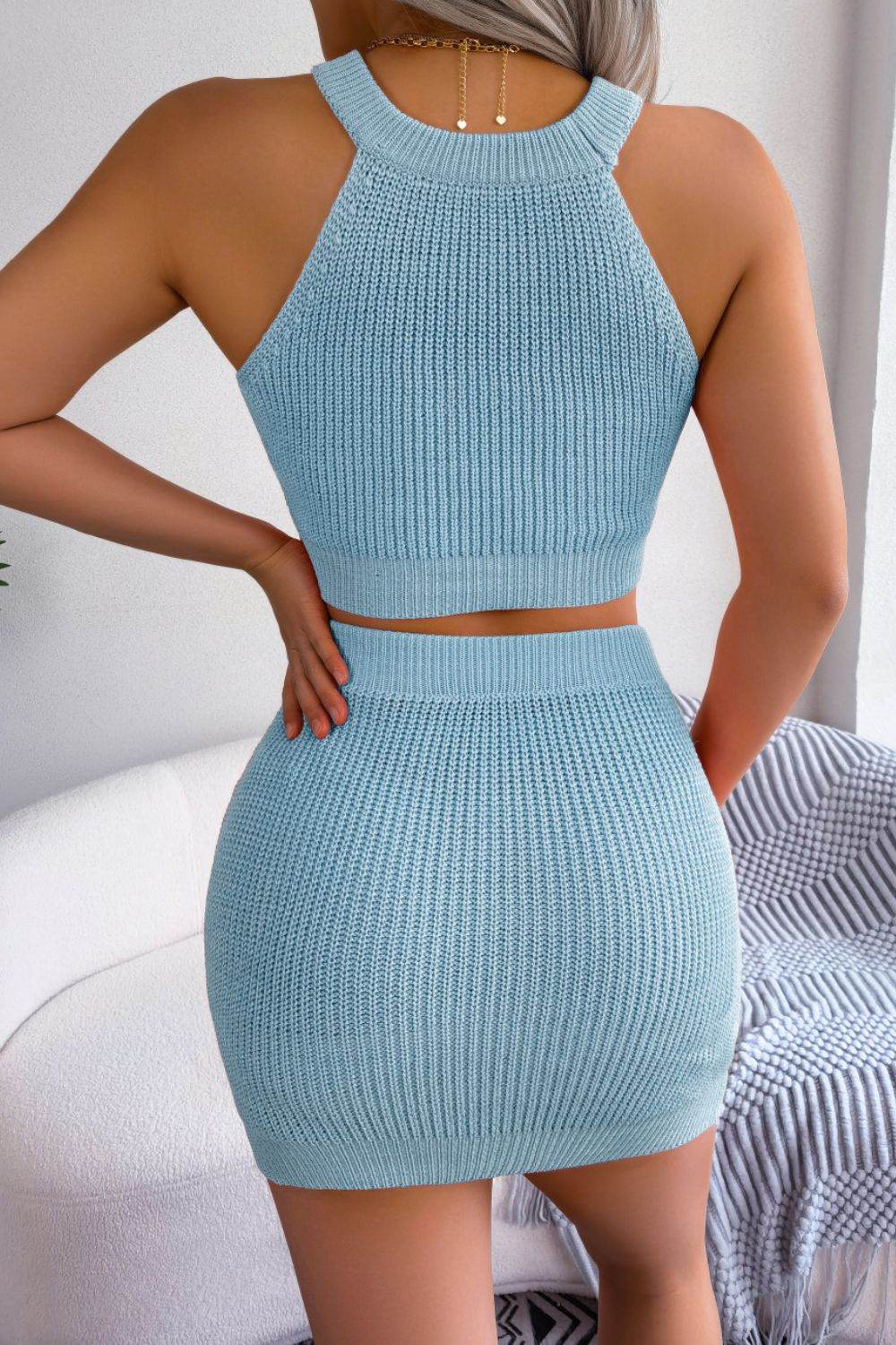 Heart Contrast Ribbed Sleeveless Knit Top and Skirt Set - Delanoir