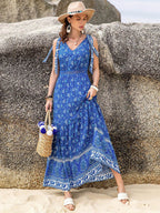 Printed V-Neck Tie Shoulder Dress - Delanoir