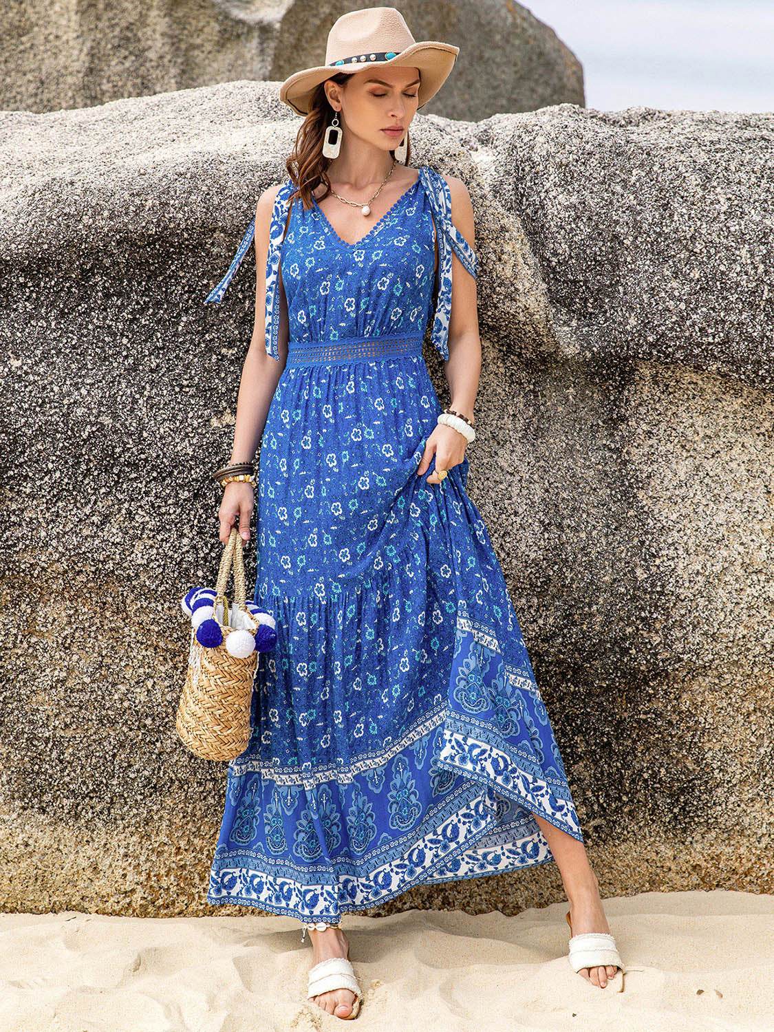 Printed V-Neck Tie Shoulder Dress - Delanoir