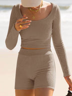 Scoop Neck Long Sleeve Top and Shorts Set - Delanoir