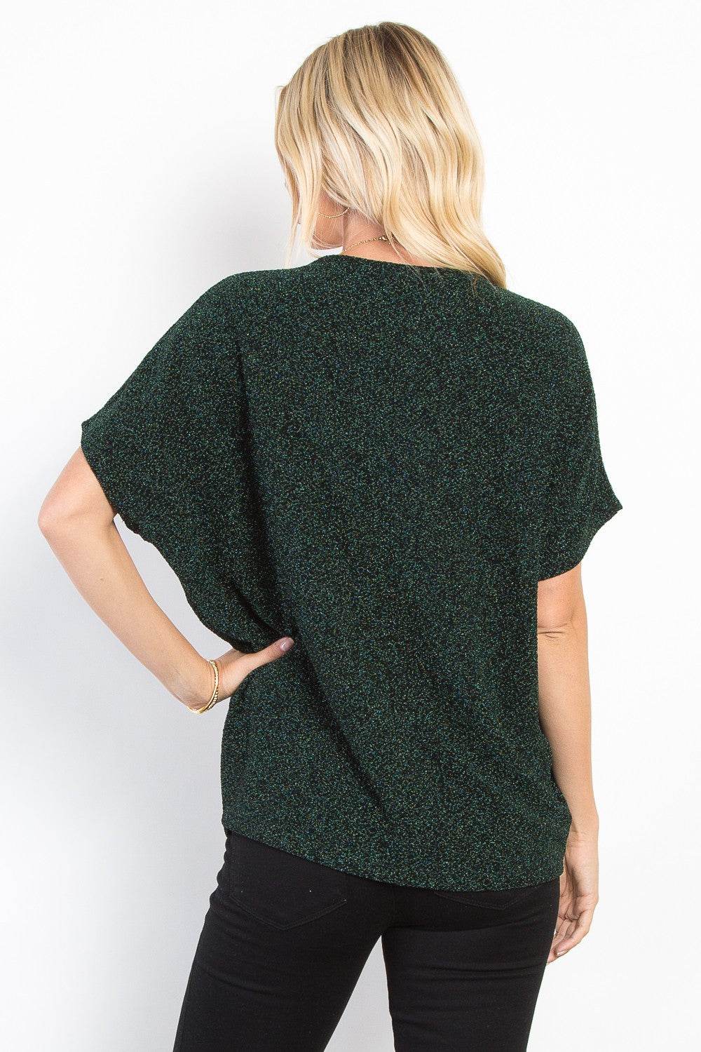 Be Stage Full Size Lurex Center Elastic Cinched Knit Top - Delanoir