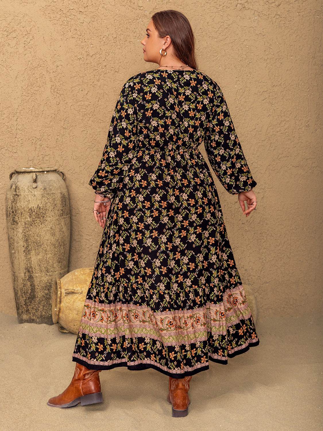 Plus Size Floral V-Neck Balloon Sleeve Dress - Delanoir