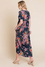 BOMBOM Floral Short Sleeve Maxi Dress - Delanoir