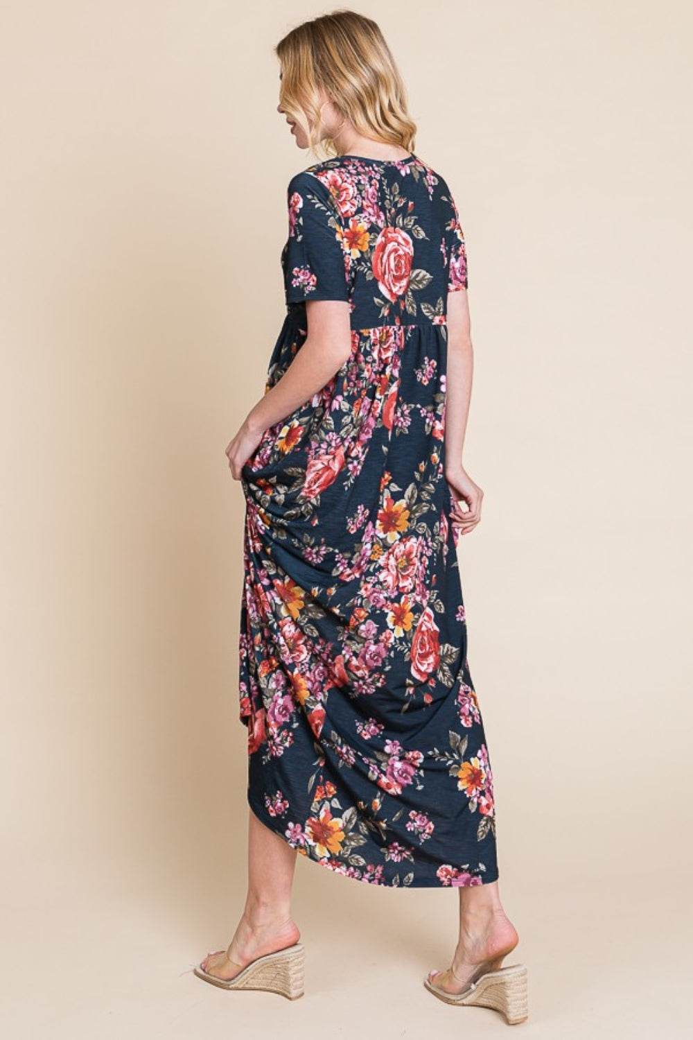 BOMBOM Floral Short Sleeve Maxi Dress - Delanoir