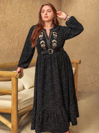 Plus Size Embroidered Polka Dot Notched Long Sleeve Dress - Delanoir