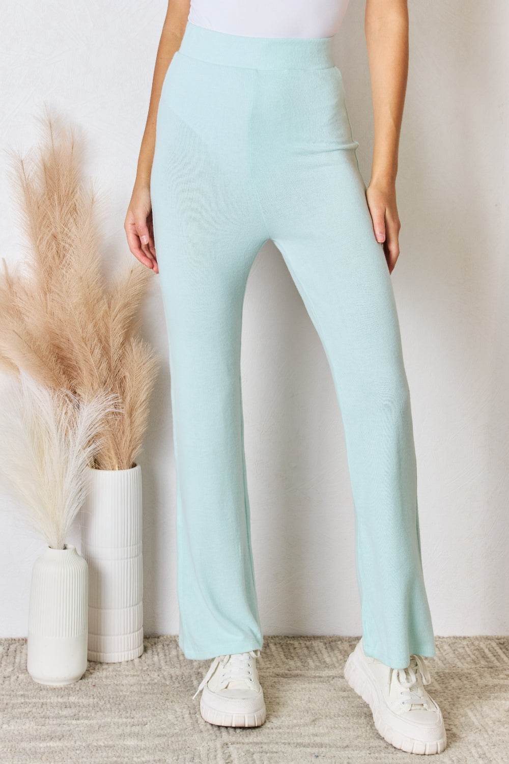 RISEN Full Size High Waist Ultra Soft Knit Flare Pants - Delanoir