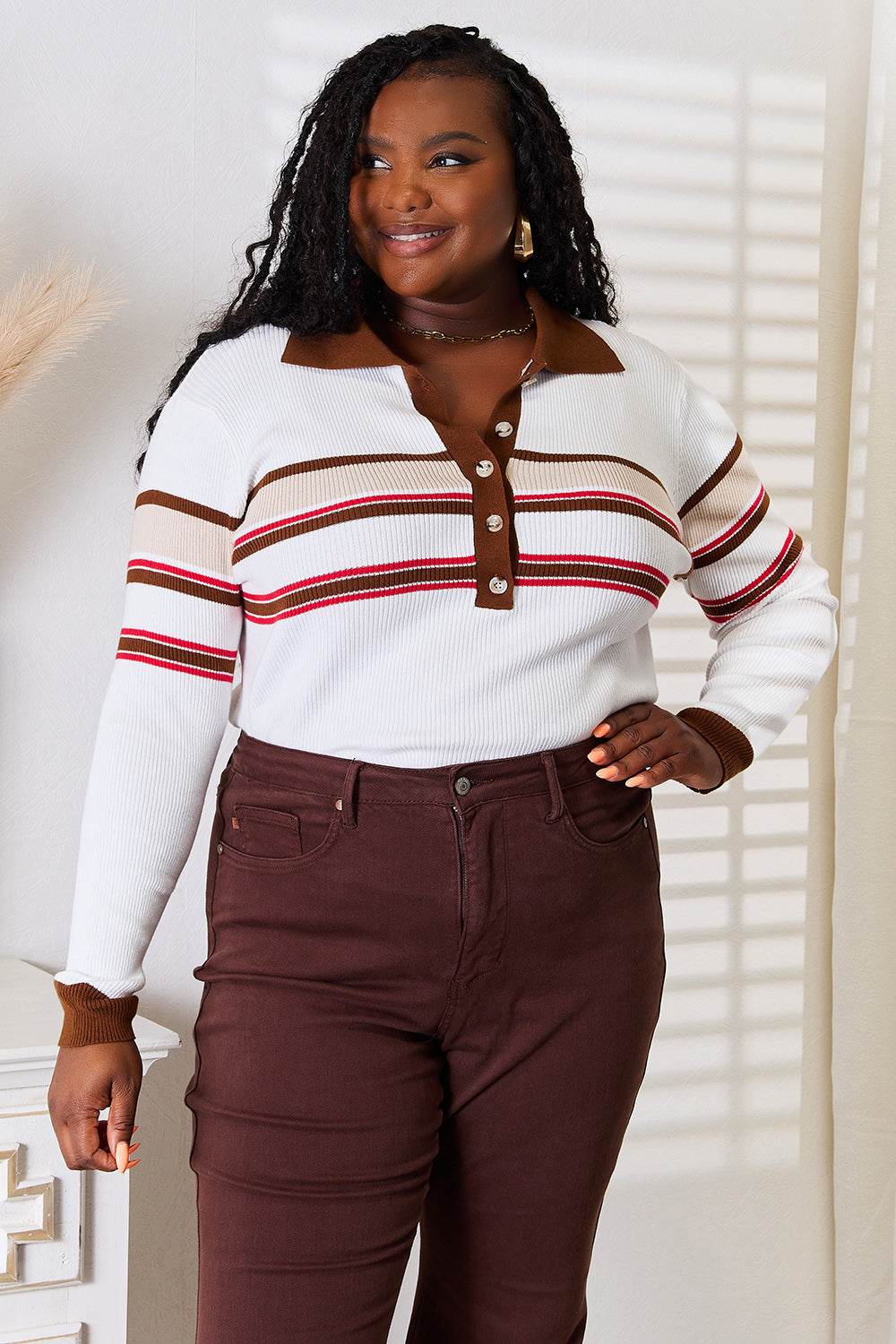 Basic Bae Striped Collared Neck Rib-Knit Top - Delanoir