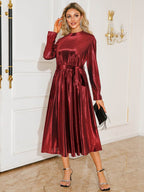 Tie Waist Long Sleeve Midi Dress - Delanoir