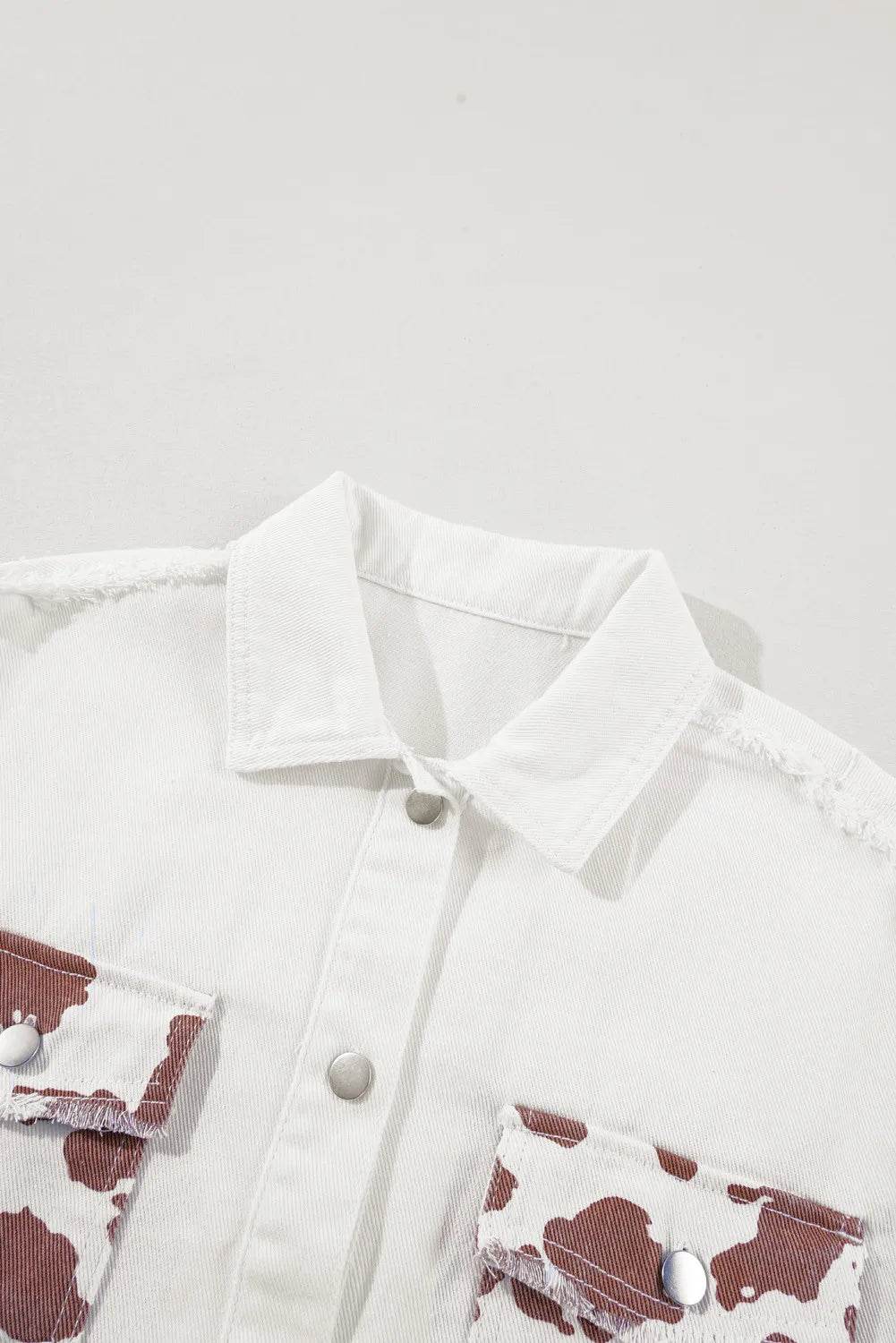 Raw Hem Animal Print Long Sleeve Denim Jacket - Delanoir