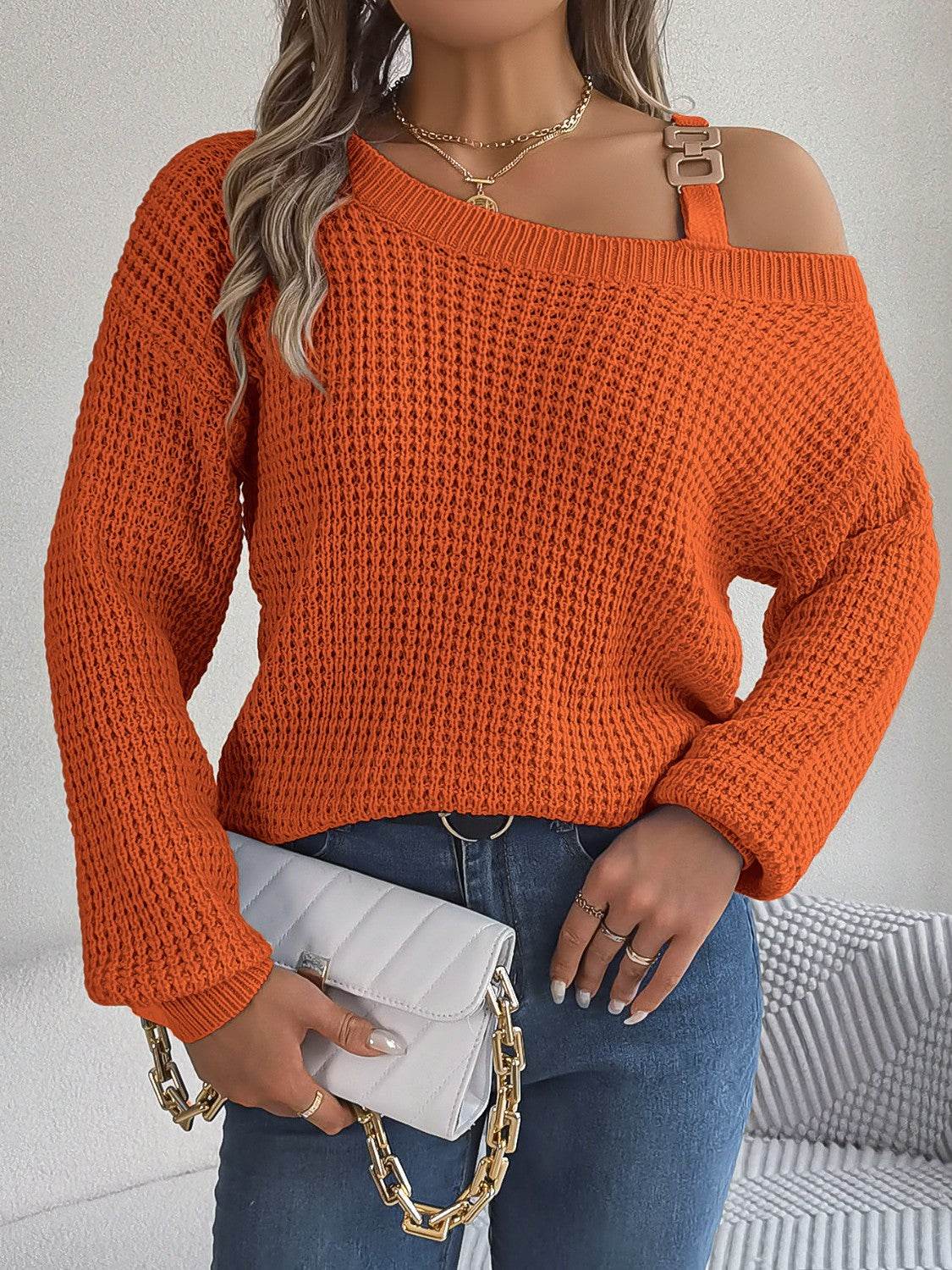 Asymmetrical Neck Long Sleeve Sweater - Delanoir