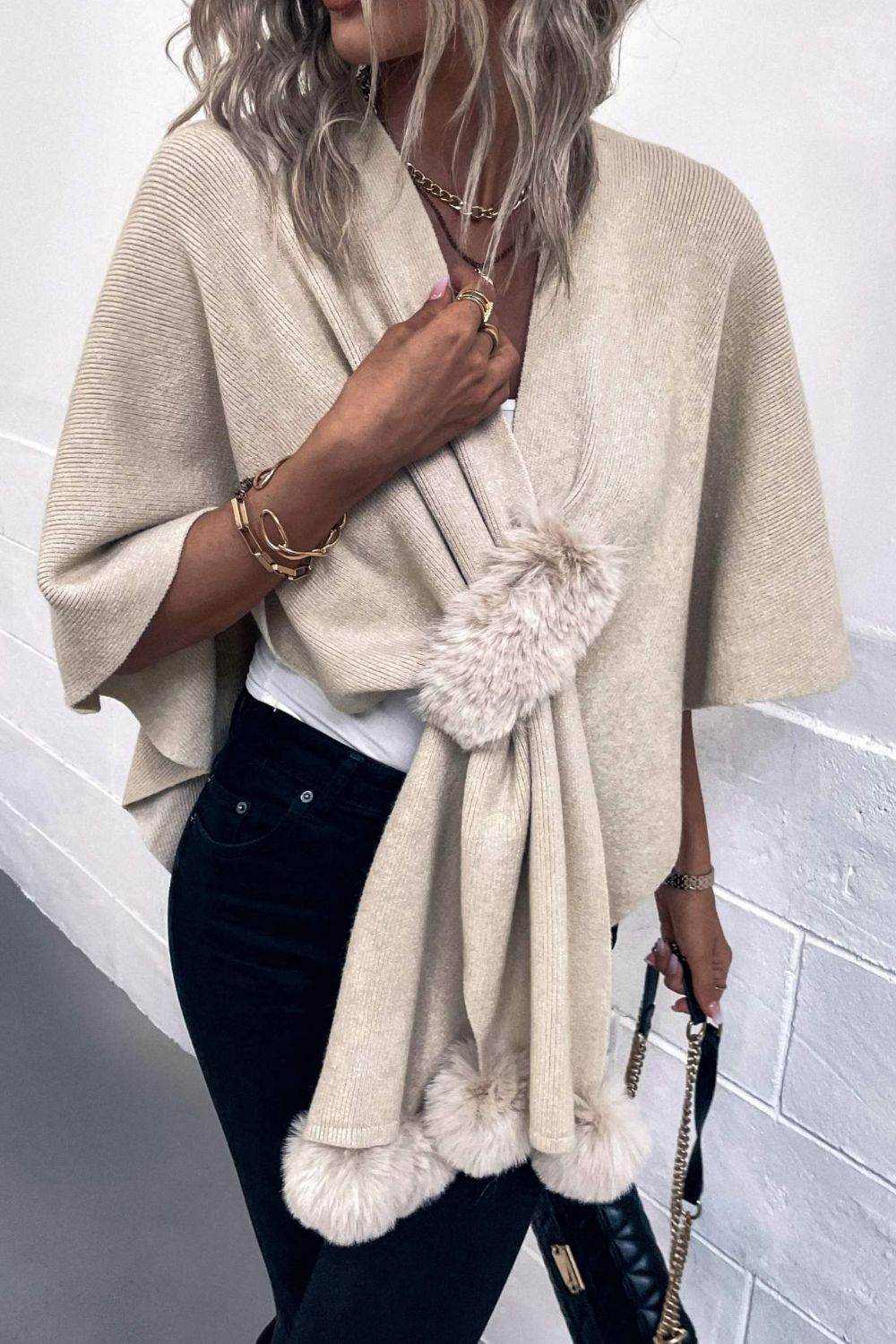 Surplice Neck Pom-Pom Trim Poncho - Delanoir