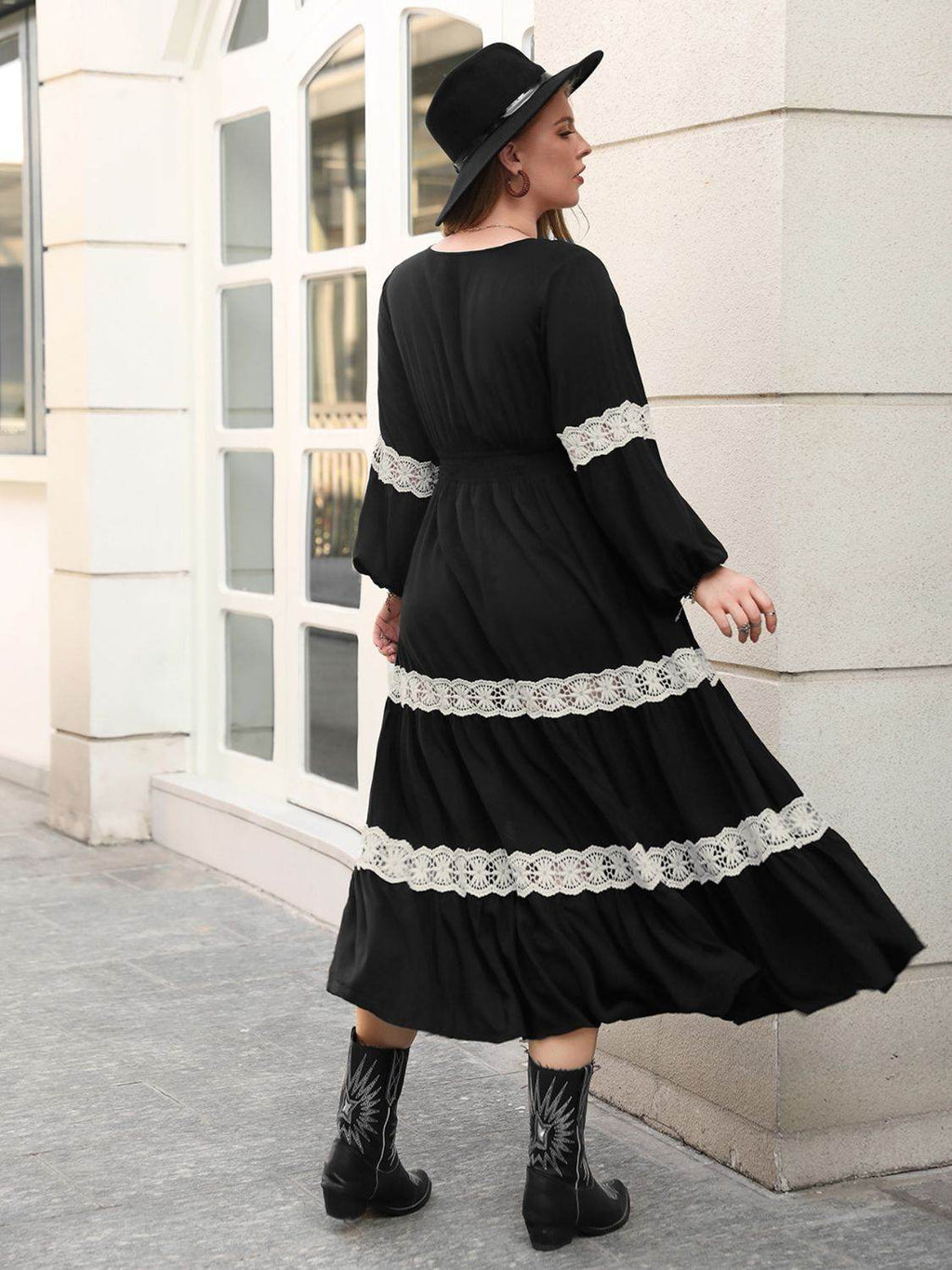 Plus Size Lace Detail V-Neck Long Sleeve Midi Dress - Delanoir
