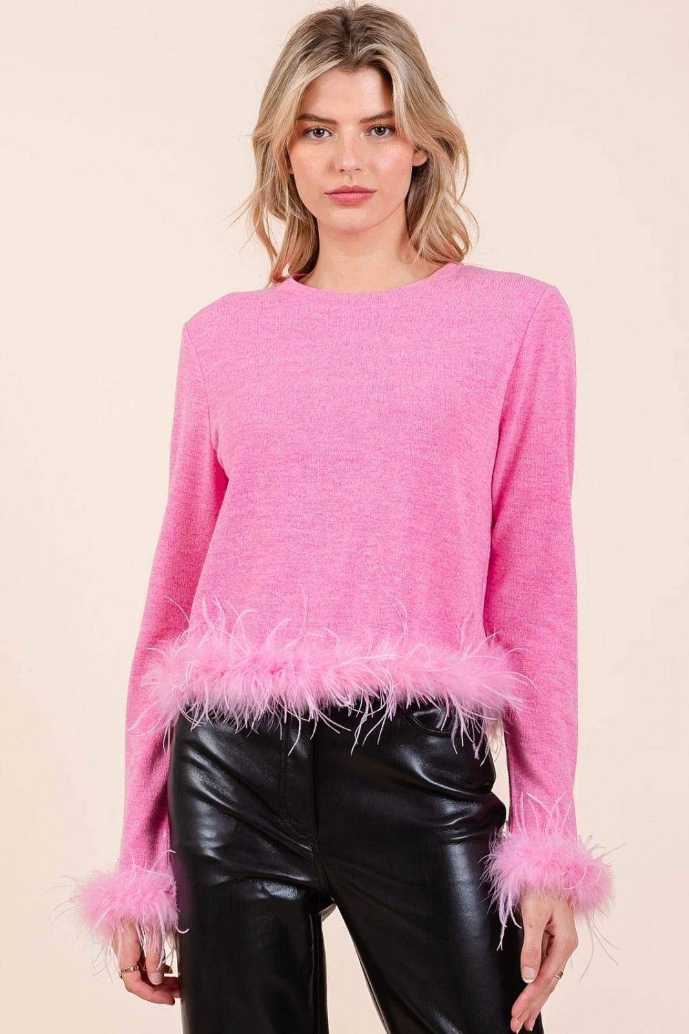 Mittoshop Feather Trim Long Sleeve Crop Hacci Knit Top - Delanoir