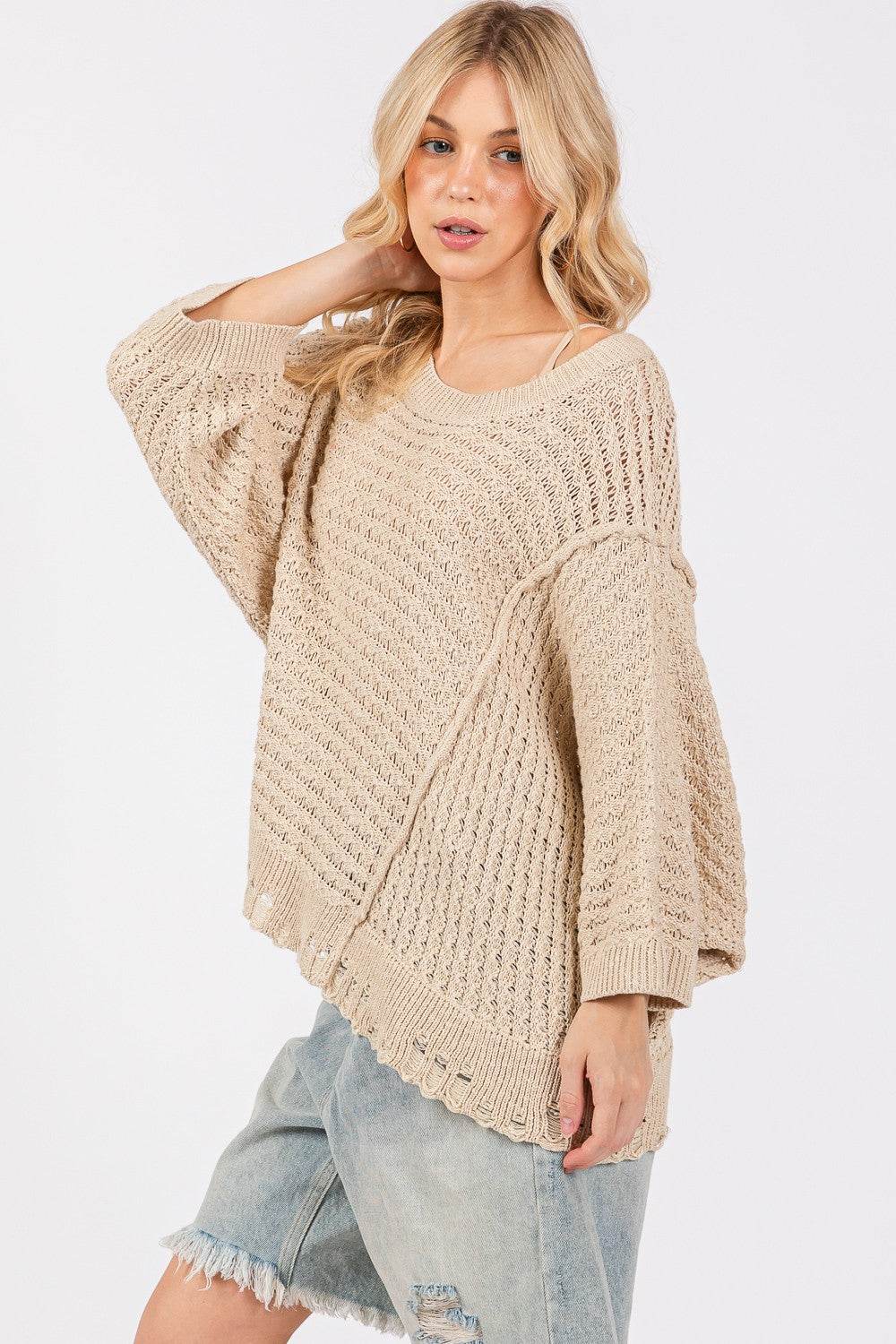 SAGE + FIG Distressed Asymmetrical Open Stitch Sweater - Delanoir