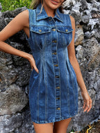Pocketed Button Up Sleeveless Denim Dress - Delanoir