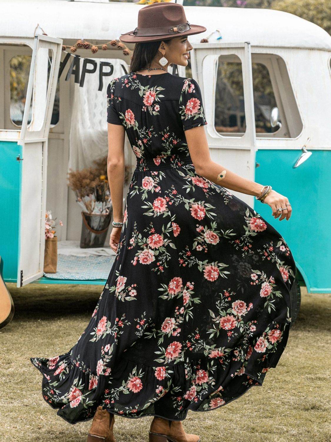 Split Printed V-Neck Short Sleeve Dress - Delanoir