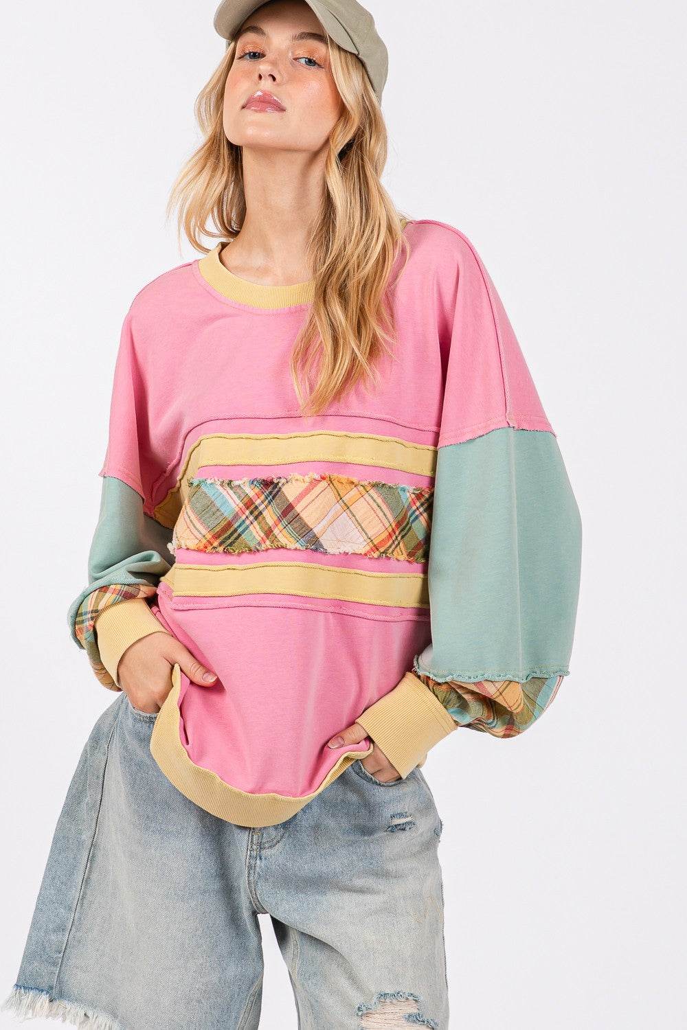 SAGE + FIG Mineral Wash Raw Edge Color Block Sweatshirt - Delanoir