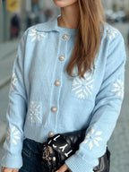 Pearl Trim Collared Neck Long Sleeve Cardigan - Delanoir