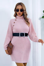 Buttoned Turtleneck Long Sleeve Sweater Dress - Delanoir
