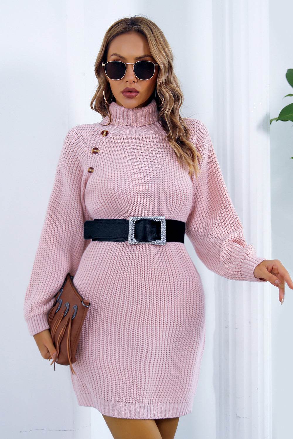 Buttoned Turtleneck Long Sleeve Sweater Dress - Delanoir