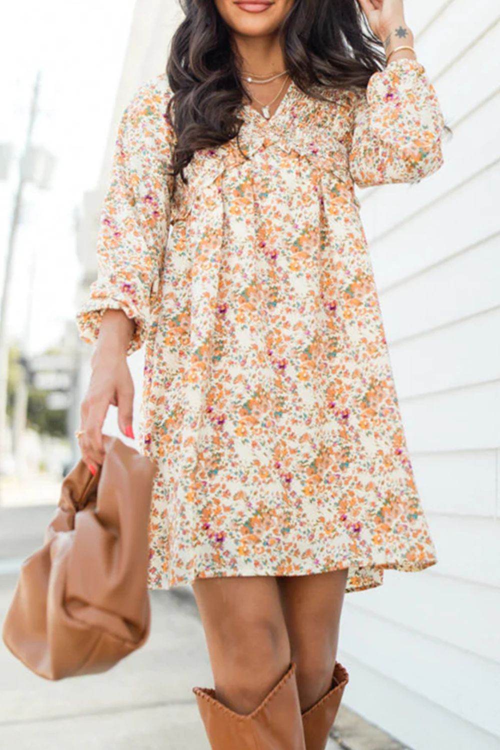 Printed V-Neck Balloon Sleeve Mini Dress - Delanoir