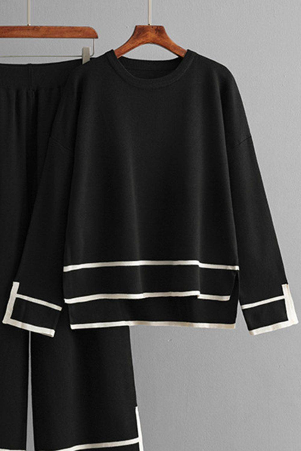 High-Low Round Neck Top and Pants Sweater Set - Delanoir