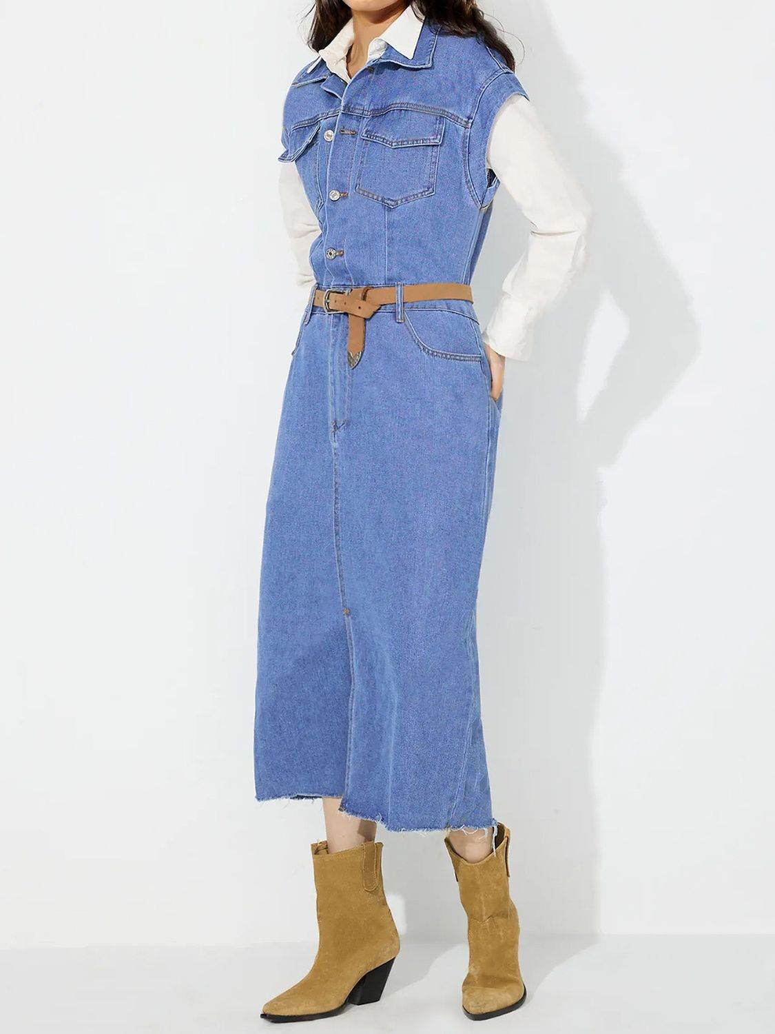Slit Half Button Collared Neck Cap Sleeve Denim Dress - Delanoir