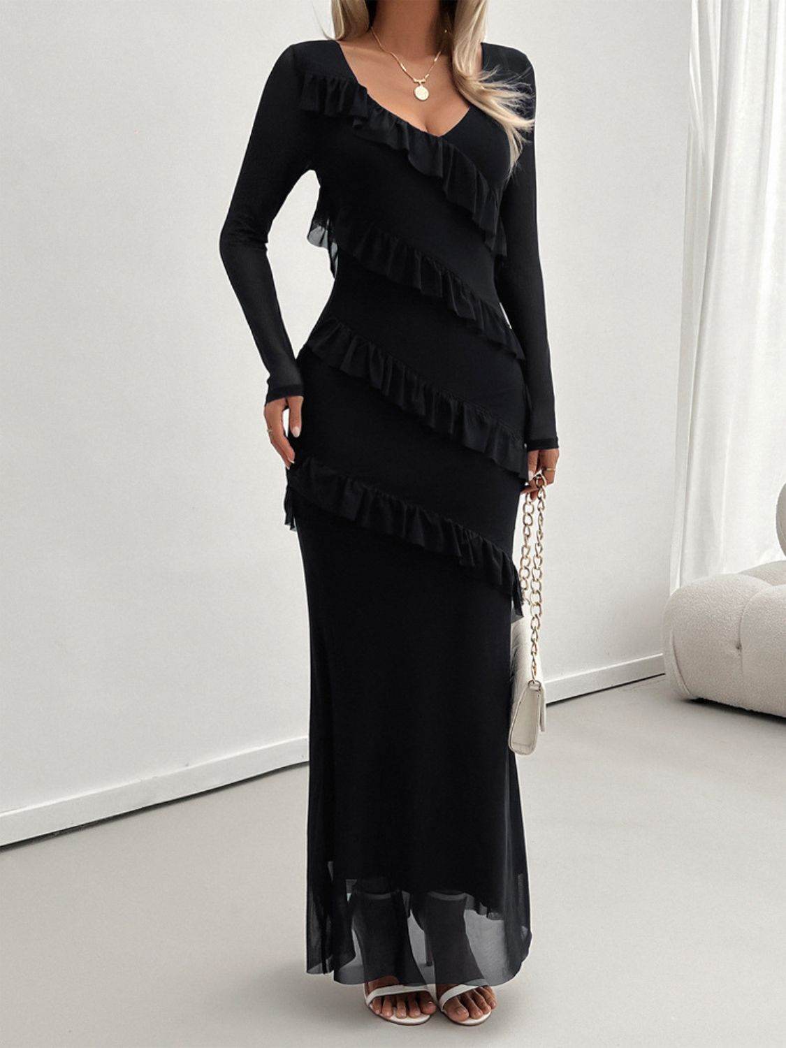 Devine Ruffled Surplice Long Sleeve Maxi Dress - Delanoir