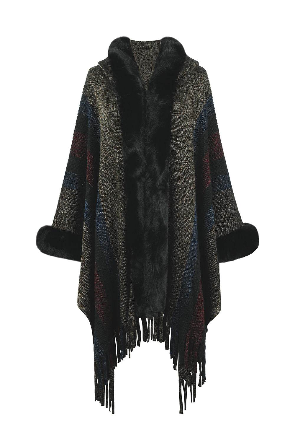 Color Block Fringe Detail Poncho - Delanoir