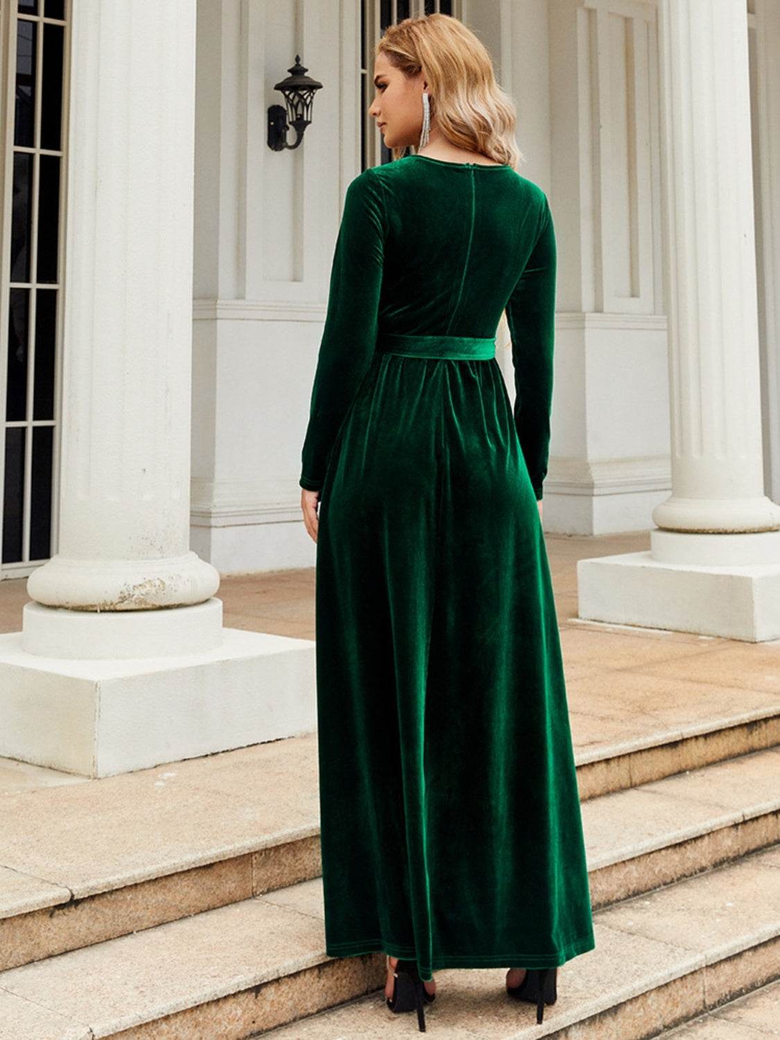 Tie Front Round Neck Long Sleeve Maxi Dress - Delanoir