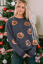 Sequin Patch Pumpkin Round Neck Sweatshirt - Delanoir