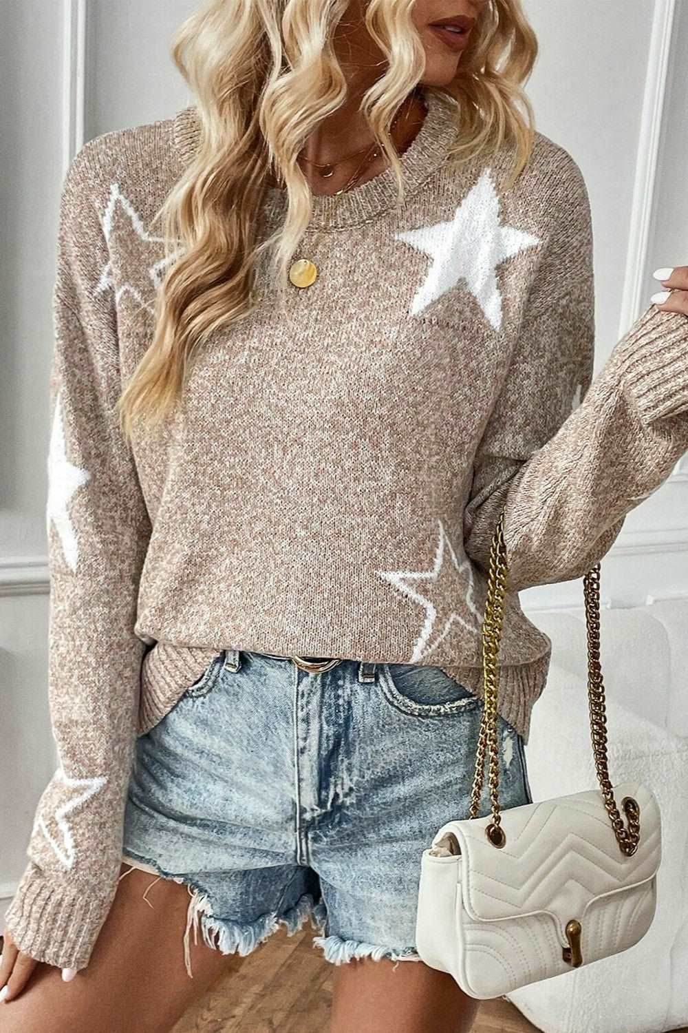 Star Round Neck Dropped Shoulder Sweater - Delanoir