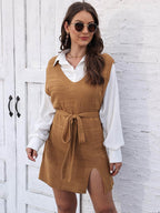 Tie Front V-Neck Sleeveless Slit Sweater Dress - Delanoir