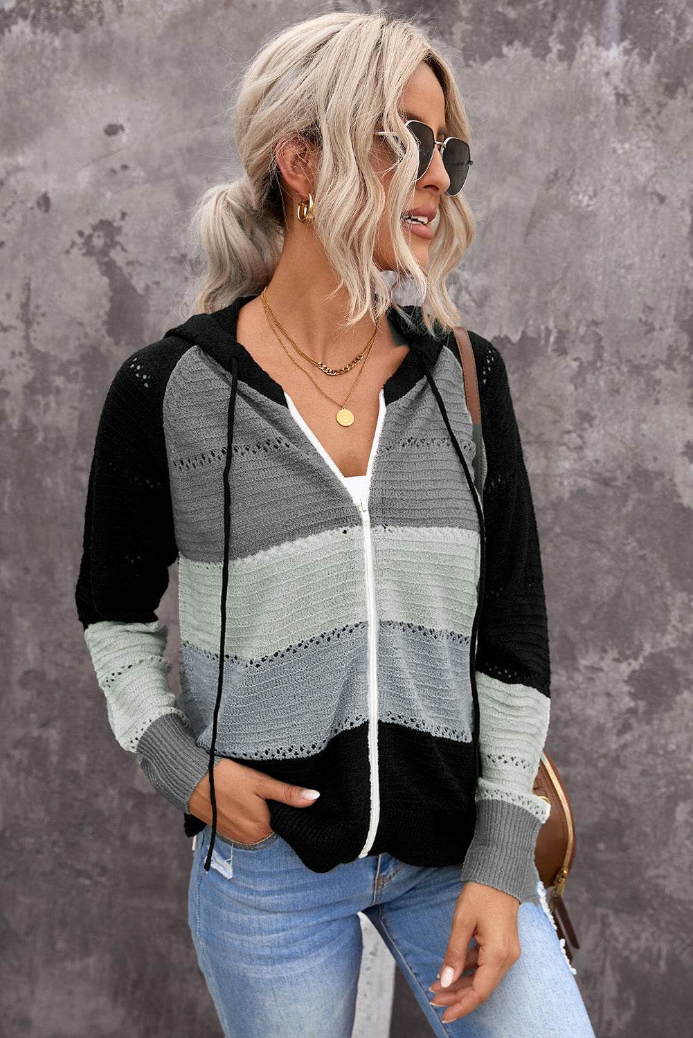 Zip-Up Raglan Sleeve Openwork Hooded Cardigan - Delanoir