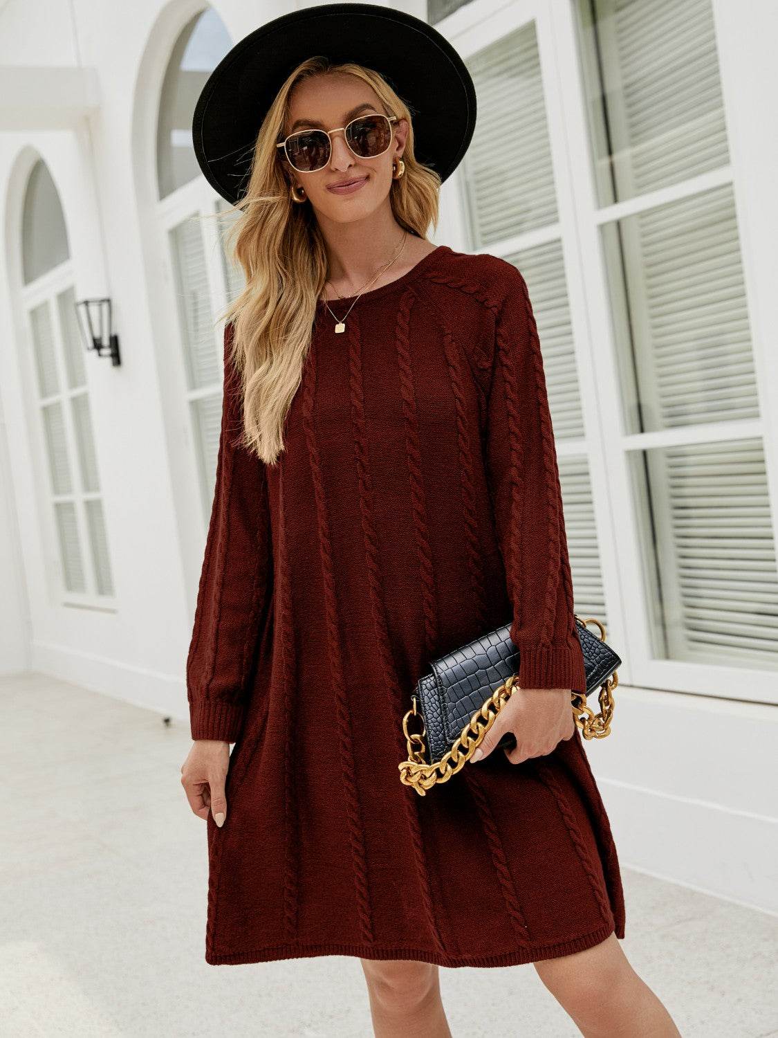 Cable-Knit Long Sleeve Sweater Dress - Delanoir