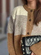 Color Block Round Neck Button Up Cardigan - Delanoir