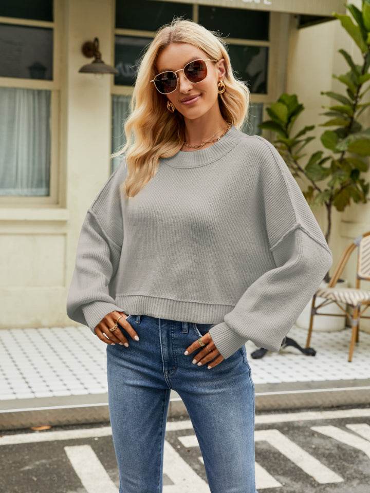 Round Neck Lantern Sleeve Sweater - Delanoir