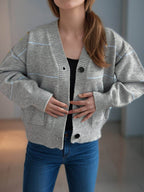 Striped Button Down V-Neck Long Sleeve Cardigan - Delanoir