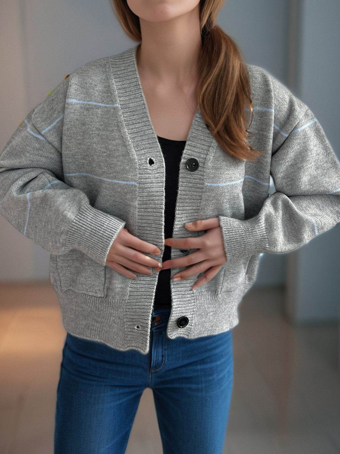 Striped Button Down V-Neck Long Sleeve Cardigan - Delanoir