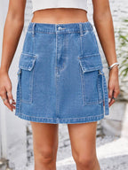 Pocketed Buttoned Denim Skirt - Delanoir