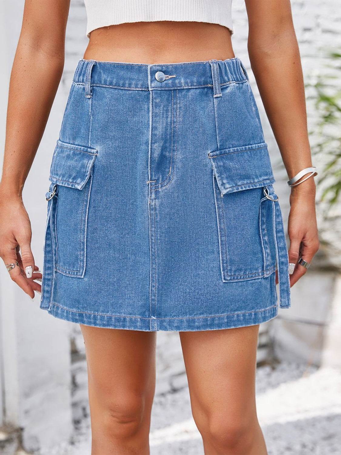 Pocketed Buttoned Denim Skirt - Delanoir