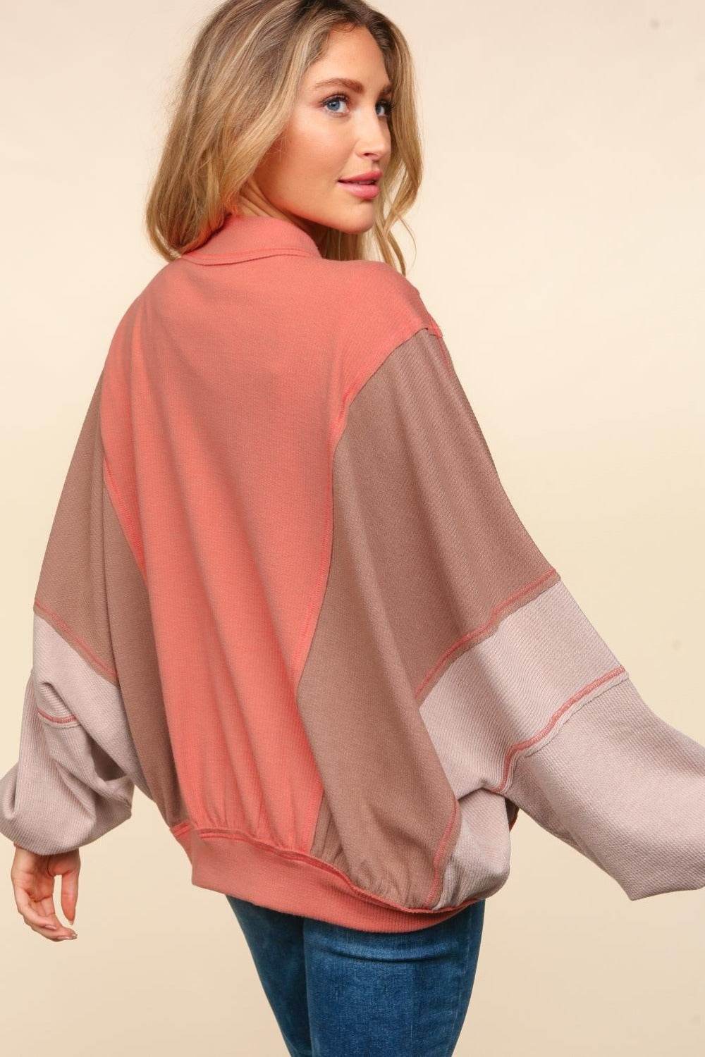 Haptics Zip Up Color Block Bomber Jacket with Side Pockets - Delanoir