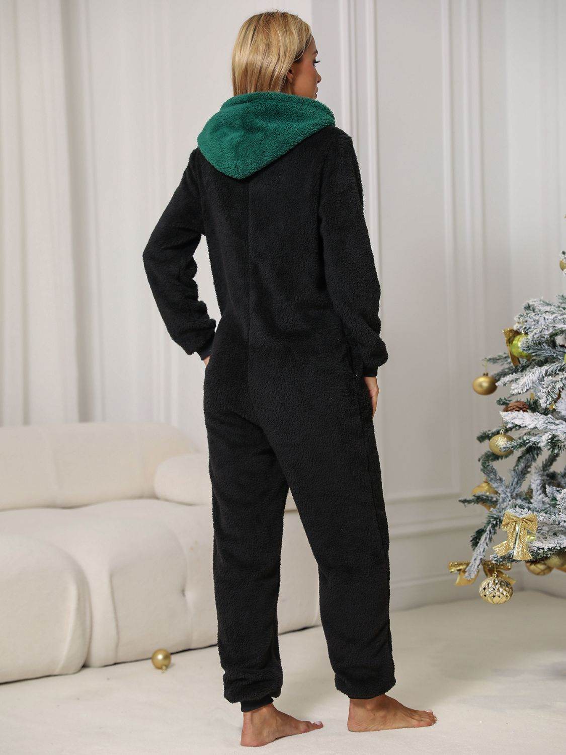 Pom-Pom Trim Zip Front Hooded Lounge Jumpsuit - Delanoir