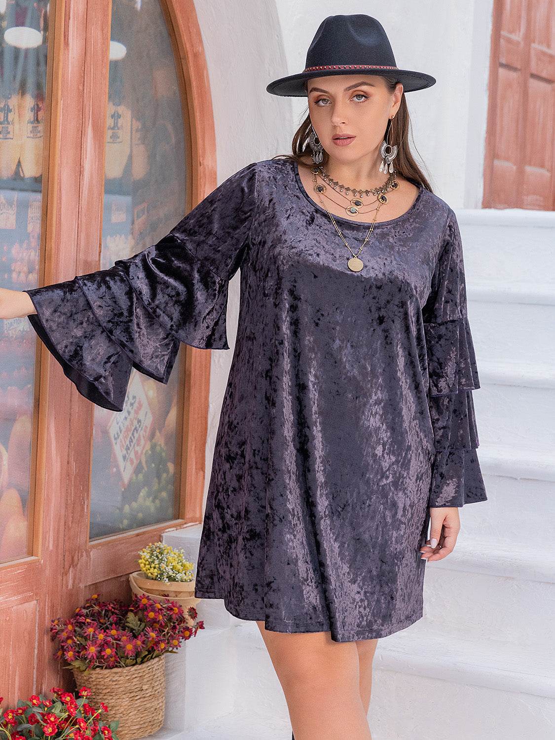 Plus Size Round Neck Flounce Sleeve Mini Dress - Delanoir