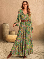 Printed Tie Neck Long Sleeve Dress - Delanoir