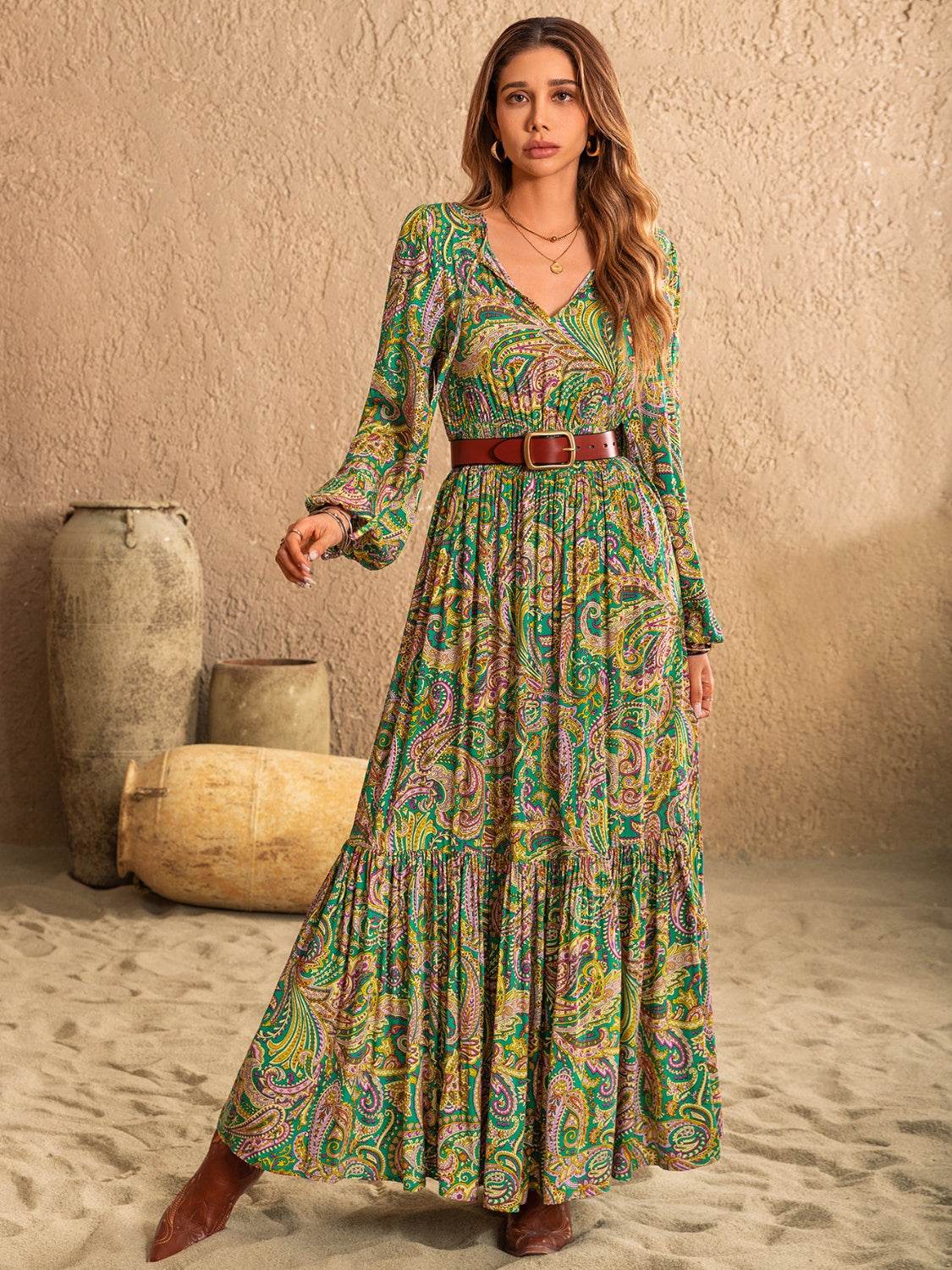 Printed Tie Neck Long Sleeve Dress - Delanoir