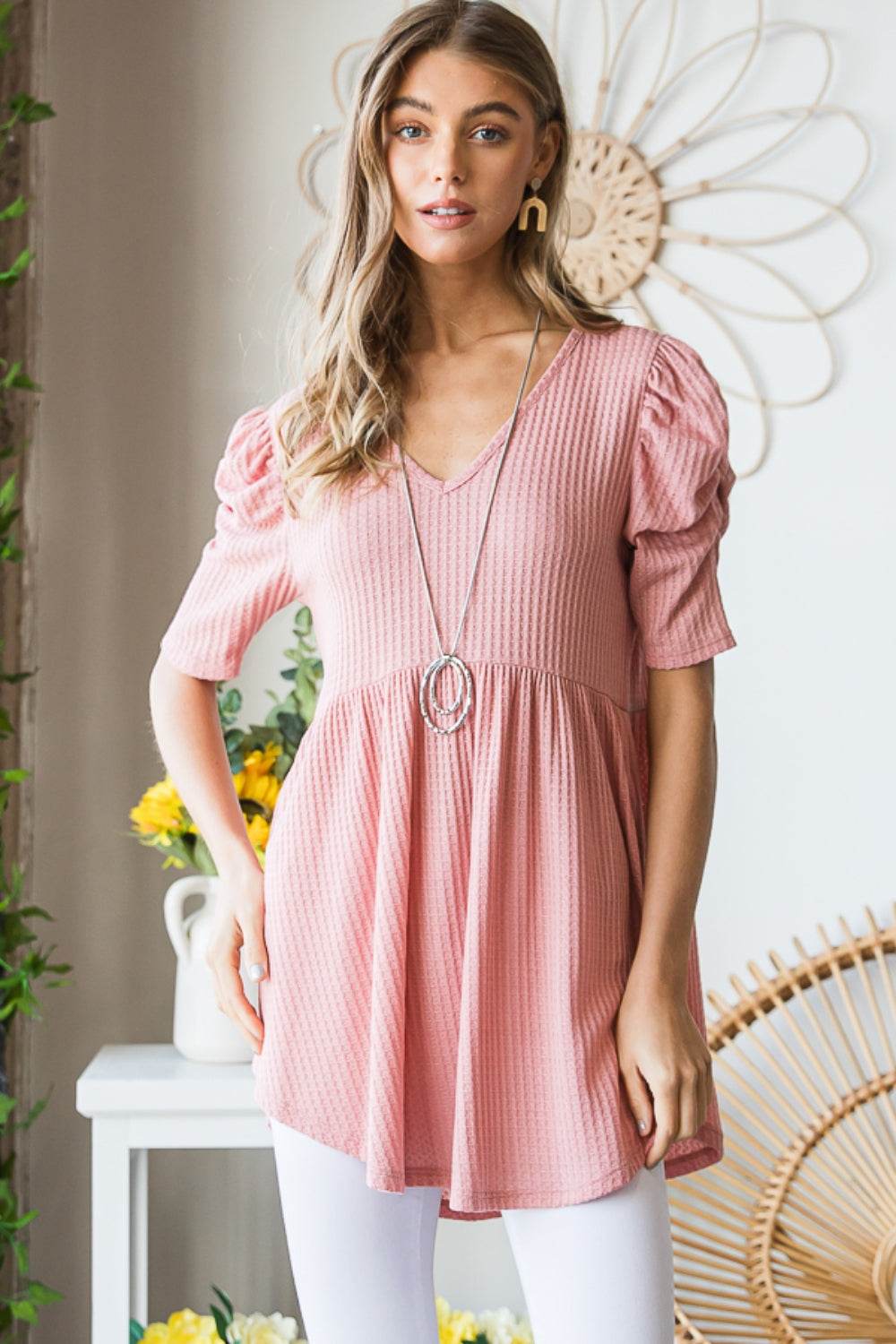 Heimish Full Size Waffle Knit V-Neck Babydoll Top - Delanoir